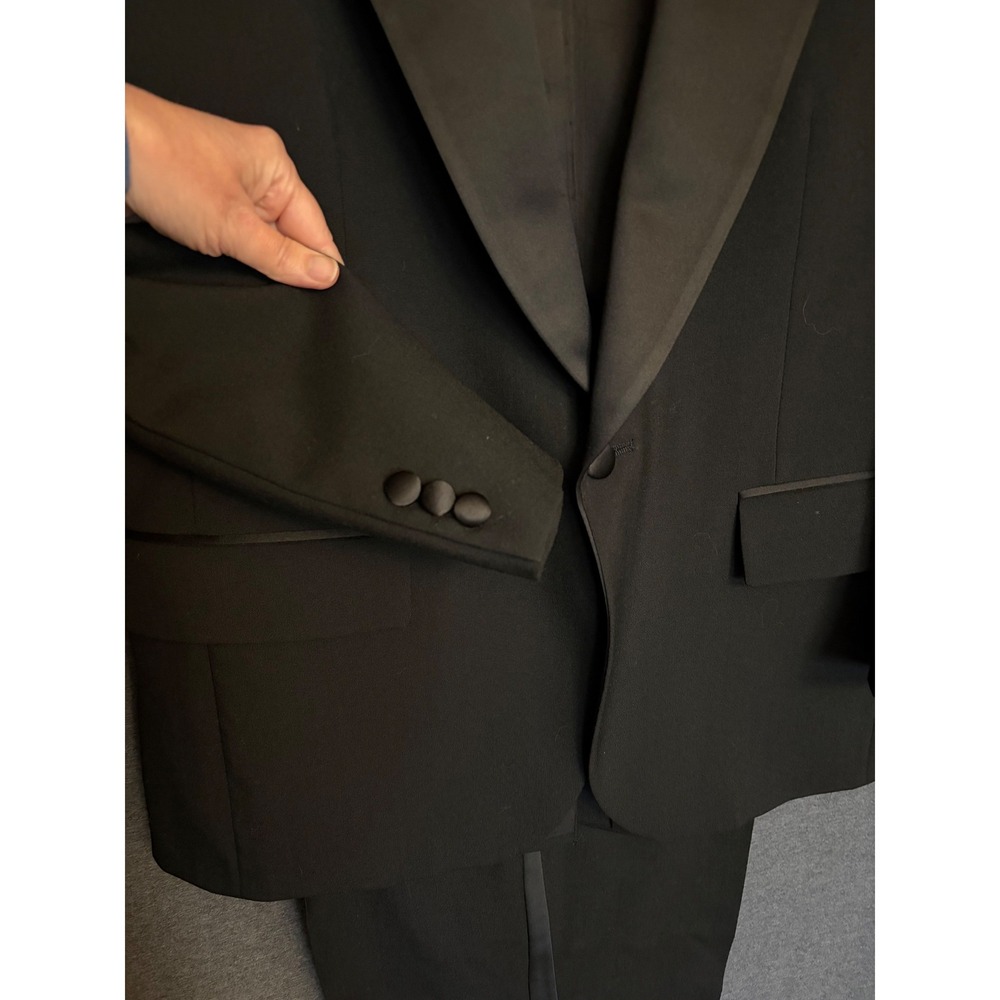 Nordstrom Black 2 Piece Tuxedo 41R 36 wool Suit Notch Lapel Satin Formal Wedding - Picture 3 of 16